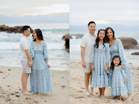 Family photoshoot in mommy and me Skylet Maxi Dresses on the beach for spring and easter