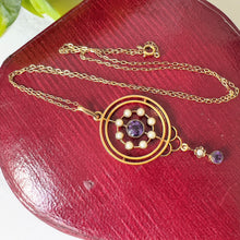 画像をギャラリービューアに読み込む, Antique Victorian 9ct Gold Lavalier Necklace. Edwardian/Art Nouveau Amethyst, Pearl Pendant Drop Necklace &amp; Chain. Gold Lavaliere Necklace