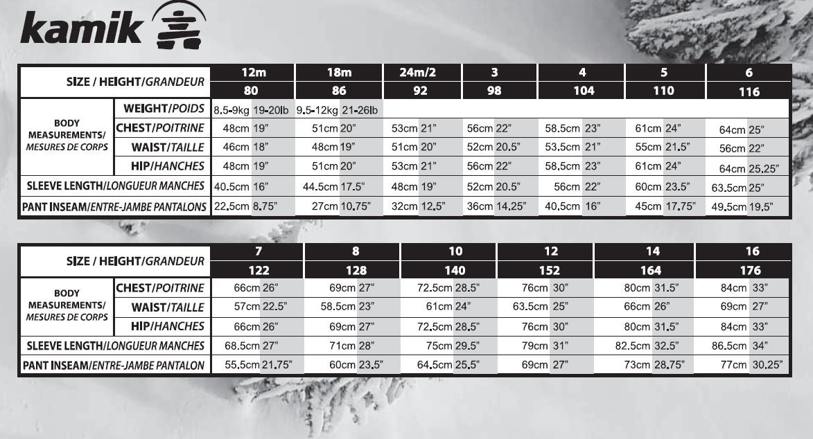 Kamik Kids Size Guide Image