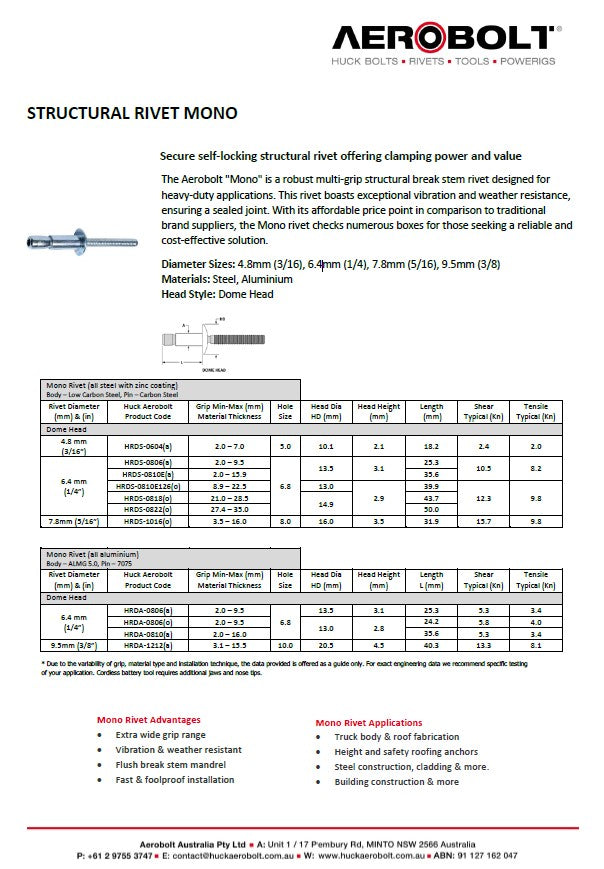Aerobolt Structural Mono Rivet Data Sheet