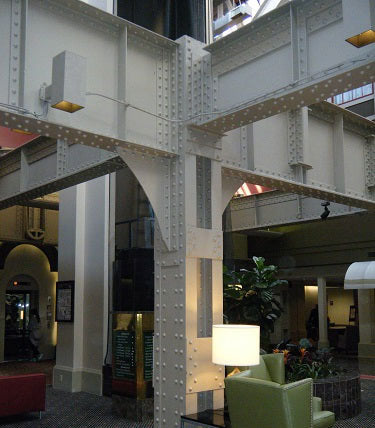 Union Station (U.S, Indiana) — featuring columns, girders, I-beams, and other parts assembled from steel plates and angles using structural rivets