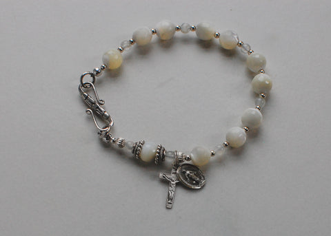 mother of pearl rosary bracelet sterling silver construction miraculous medal and crucifix handmade unbreakable heirloom rosaries