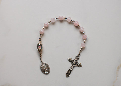 emergency novena, memorare, mother teresa, rose quartz sterling silver chaplet, high-quality, heirloom rosaries