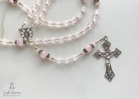 rose quartz, soft flex wire, sterling silver accents, miraculous medal and crucifix, handmade, heirloom-quality rosaries