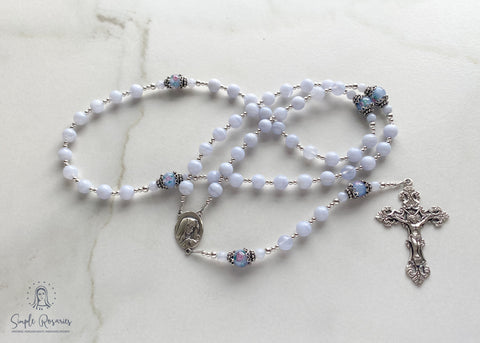 blue lace agate, soft flex wire, sterling silver components rosary, handmade, heirloom-quality, lamp work pater beads