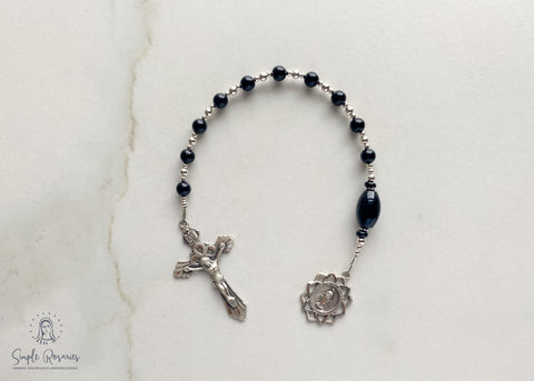 onyx chaplet, sterling silver accents, miraculous medal, crucifix, handmade, heirloom-quality chaplets, high end gemstones