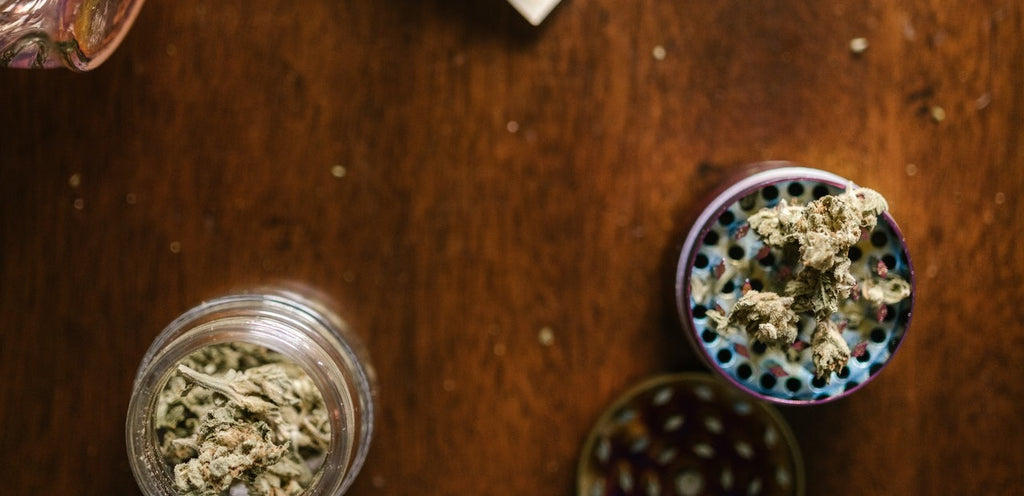 Buds of cannabis in a grinder on a table.