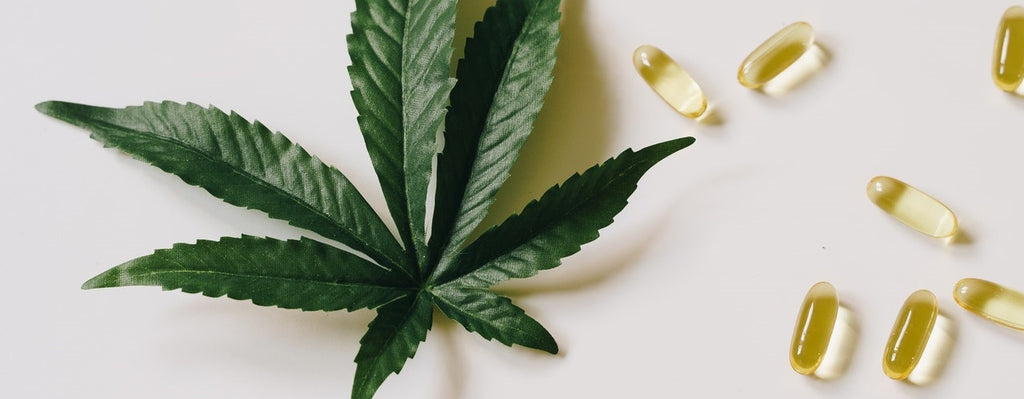 Gel capsules beside a marijuana leaf.