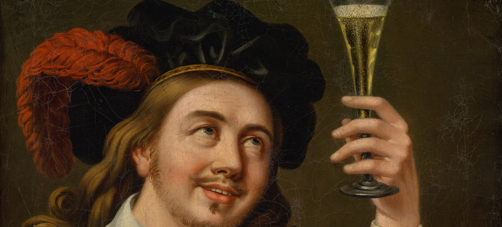 A close-up of a person in a painting wearing a hat with a feather. They're looking at a glass with a carbonated drink inside.