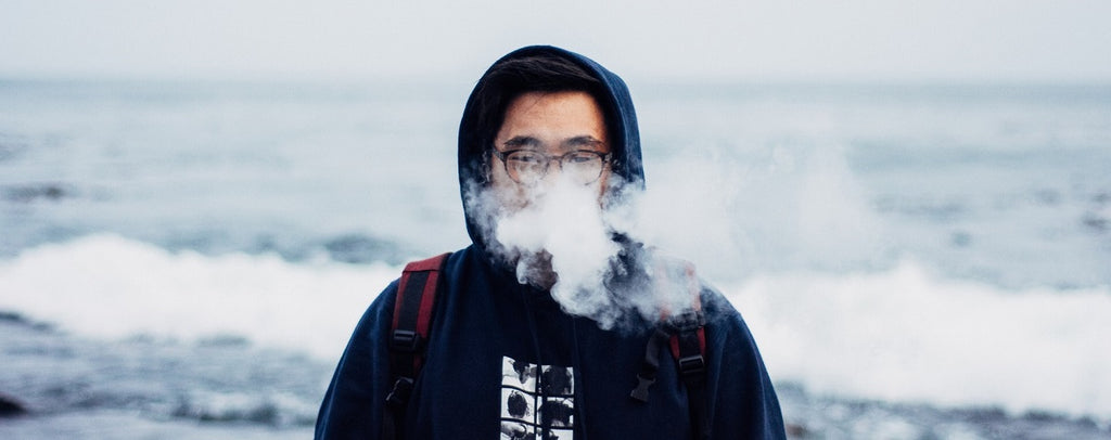 Person vaping a portable dry herb vaporizer by the water.