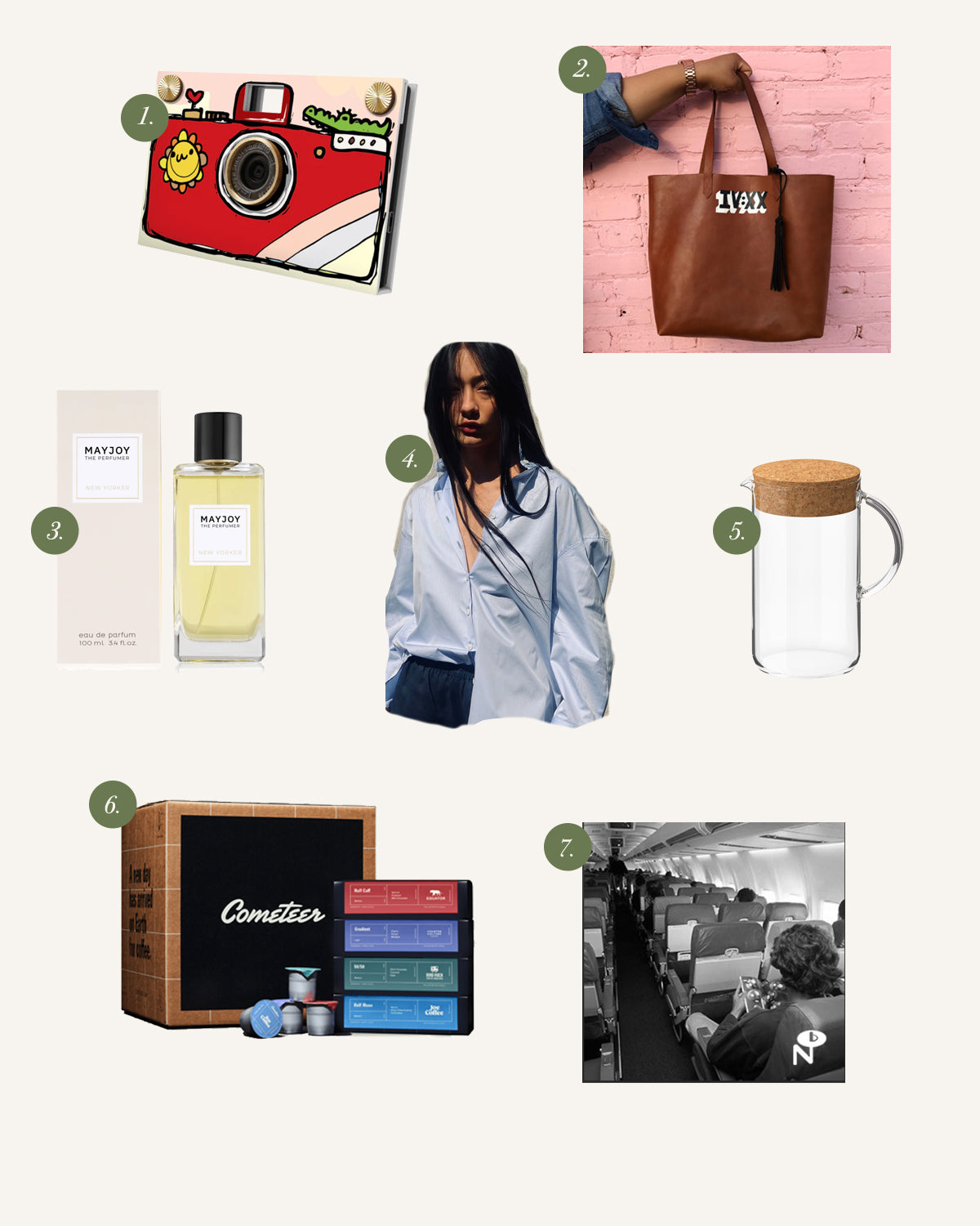 An image mood board for March 2023 comprised of a camera for kids, a leather bag, perfume, a blue shirt, a glass pitcher, a coffee subscription box, and a playlist.