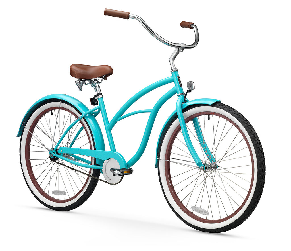 teal beach cruiser bike with basket