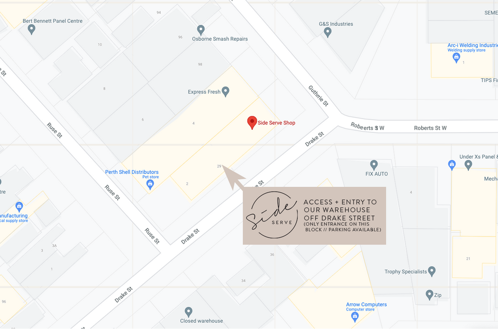 Location and entry/parking map for Side Serve Shop, Osborne Park WA 6017