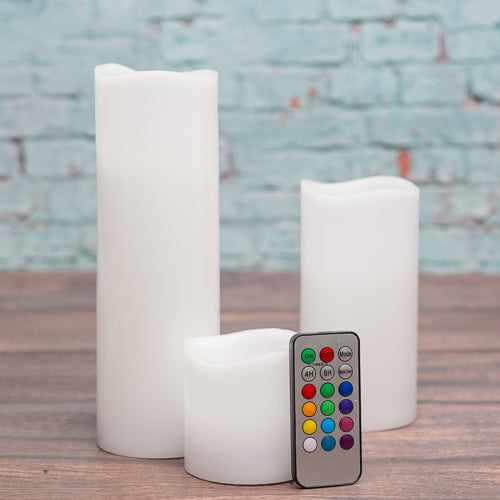 Richland Flameless LED Remote Control Wavy Top Pillar Candle White 3"x3", 3"x6", 3"x9" Set of 3