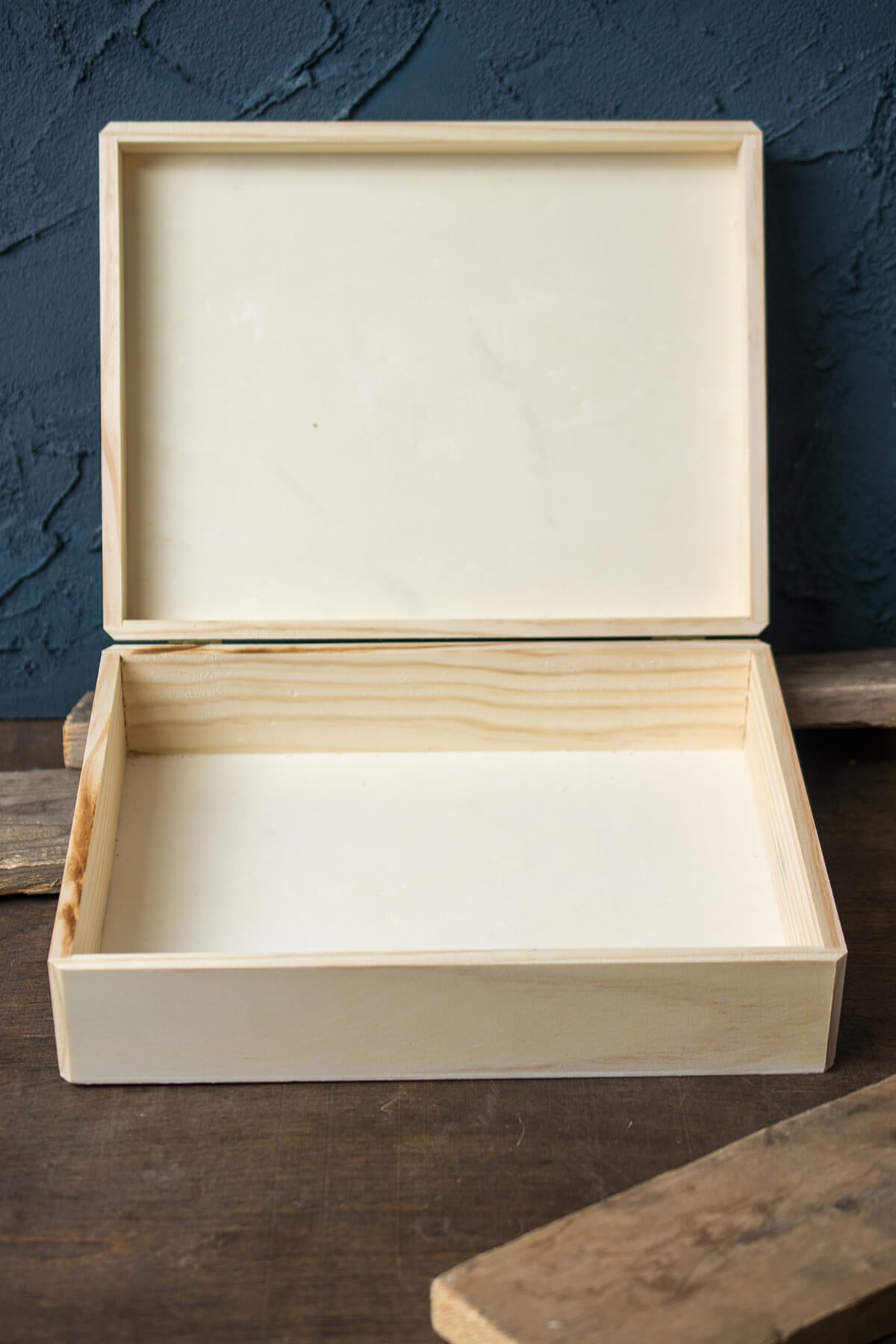 unfinished wood box with hinged lid