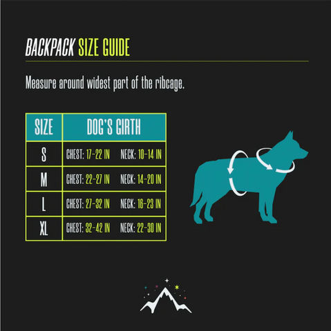 Alpha Pak's Dog Backpack sizing chart