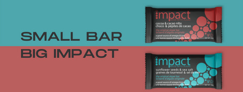 Two IMPACT Bars over a teal blue and red background to the left of text that reads Small Bar Big IMPACT