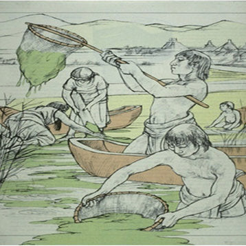 Image of the Aztec people harvesting spirulina algae to eat and support their marathon runner with vegan on the go food products.