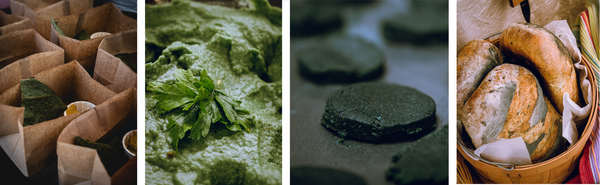 A photo collage showing the spirulina algae based food products brought to the local farmers market. From left to right: spirulina algae nacho tortilla chips, spirulina algae hummus, spirulina algae shortbread cookies, and spirulina algae bread