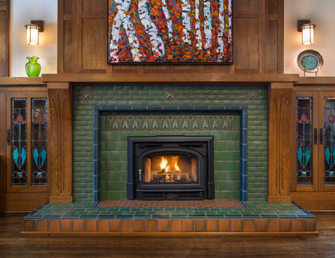 Arts and Crafts-style fireplace by Motawi Tileworks
