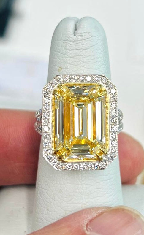 Estate Halo Ring, 1 Emerald Cut Diamond 10.05 ct W-X VS1 GIA #5221964069, 110 Round Diamond 0.98ct  F VS1-VS2, 18K White/Yellow Gold 13.96g