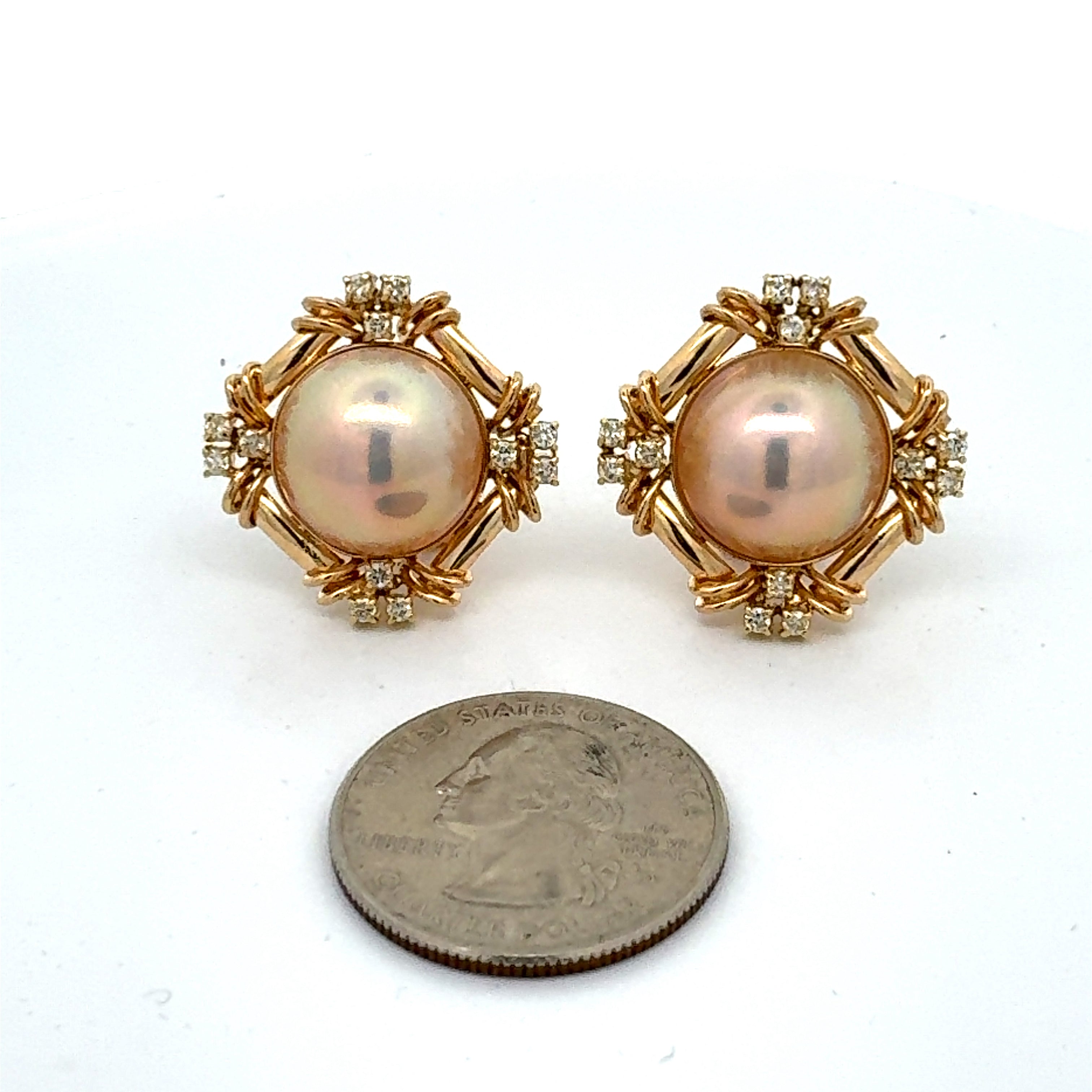 Estate Earrings, 24 Round Diamond 0.48ct  H-I SI1-SI2, 2 Cabochon Mabe Pearl 14mm, 14K Yellow Gold 13.70g