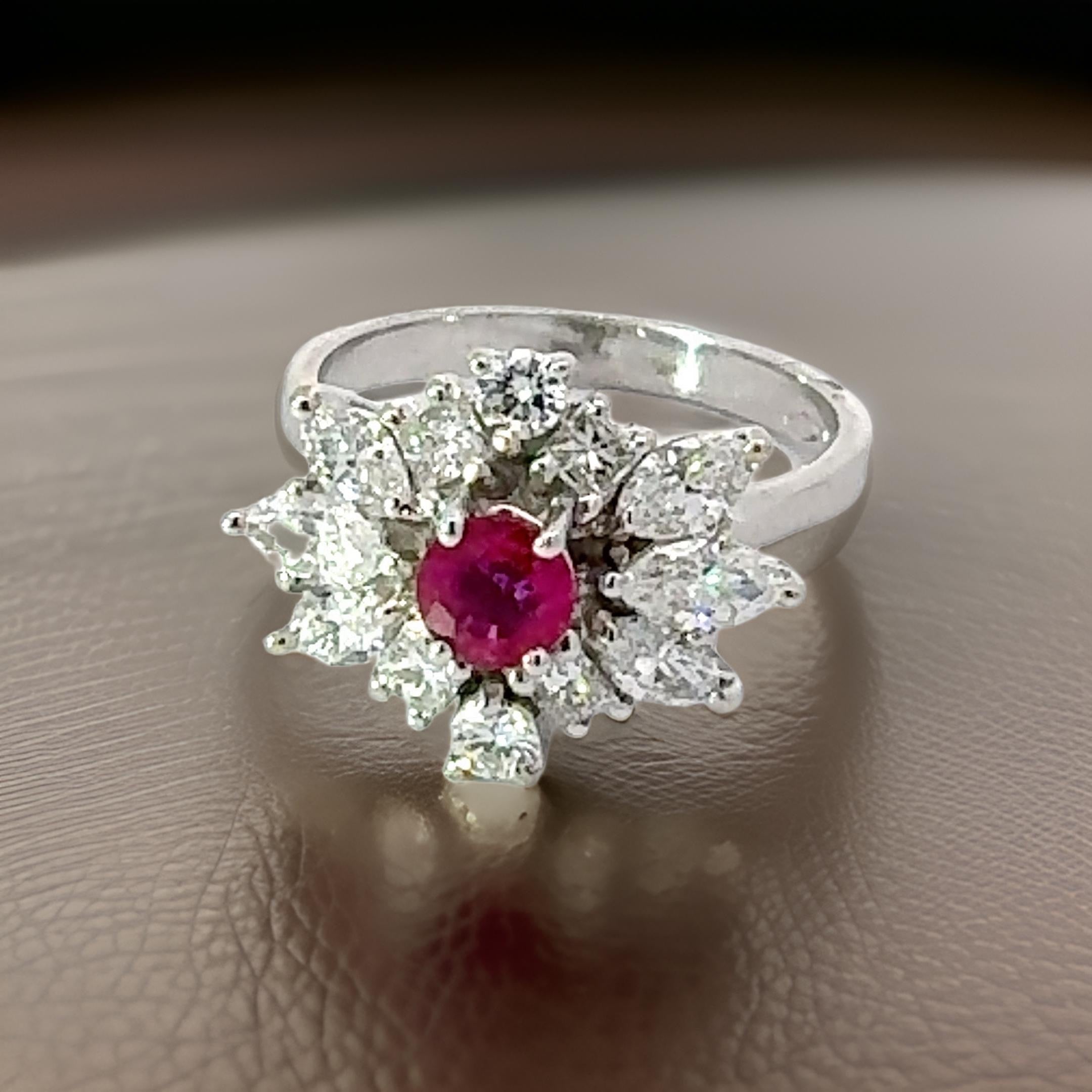 Estate Ring, 1 Round Ruby 0.51 ct, 12 Mixed Cut Diamond 1.43 cttw  H-I VS1-VS2, 18K White Gold 5.81g