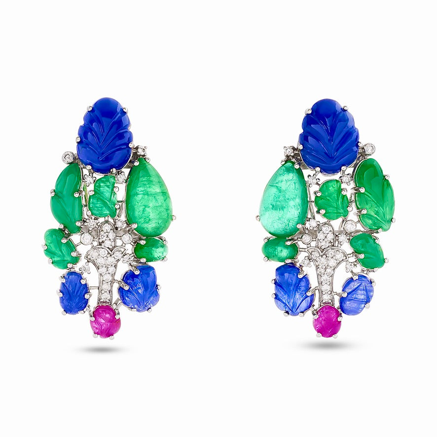 Estate Tutti Frutti Style Earrings, 48 Round Diamond 0.75ct G-H VS2-SI1, Carved Ruby/Emerald/Sapphire 34.00ct (weights estimated), 18K White Gold 20.68g