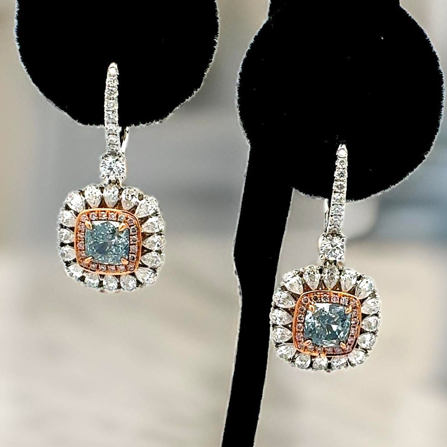 Estate Earrings, 1 Cushion Modified Diamond 0.86 ct  Fancy Green Blue VS2 GIA #2204086371, 1 Cushion Modified Diamond 0.84 ct  Fancy Green Blue VS2 GIA #5172946455, 40 Round Diamonds 0.15 cttw  Fancy Pink VS2, 146 Pear and Round Diamonds G H VS1-SI1 1.90 