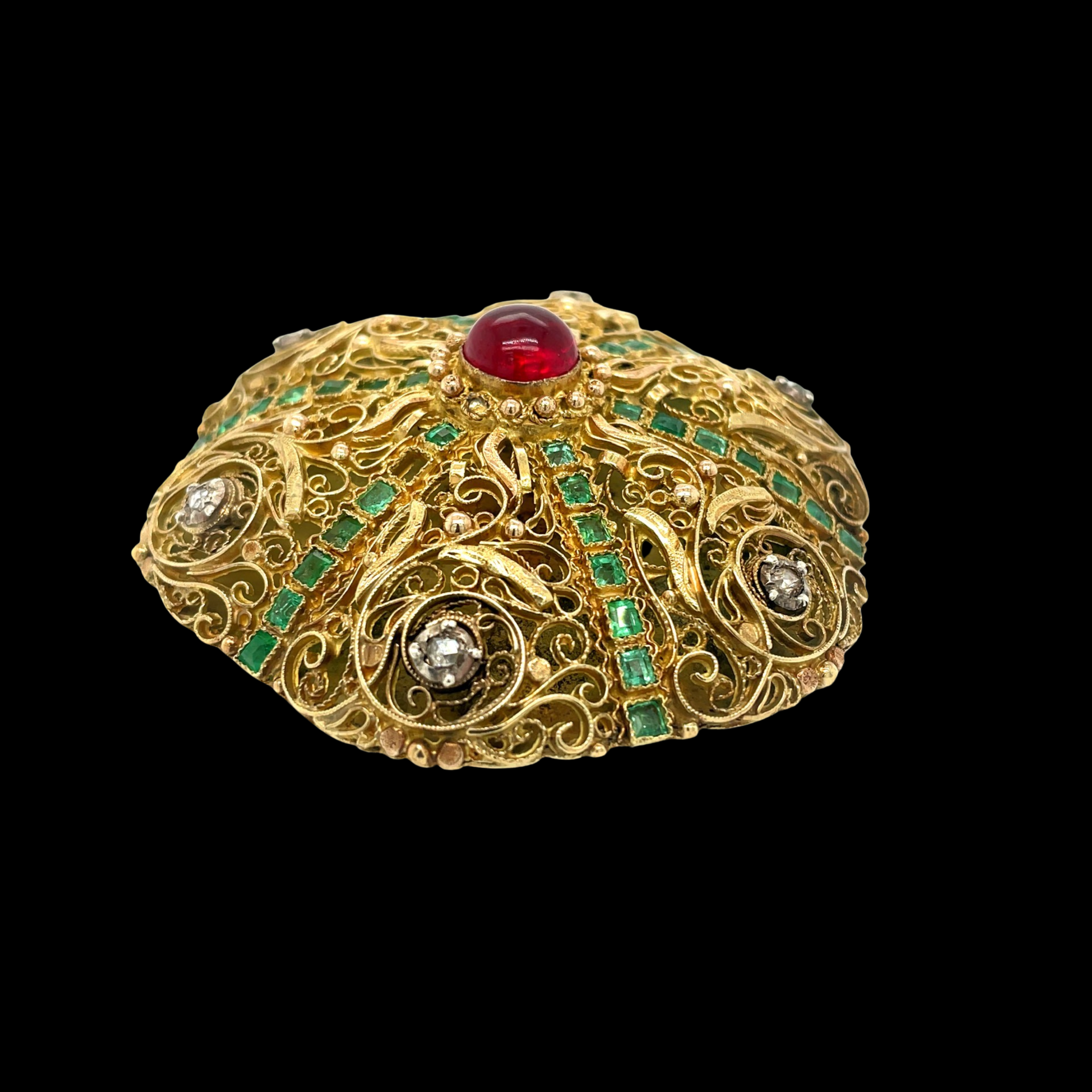 Estate Brooch/Pendant, Rose Cut Diamond 0.50ct  L-M I1, Princess Cut Emerald 5.00 cttw ~ 2 Emeralds missing, Cabochon Red stone ~ weight unknown, 14K Yellow Gold 40.37g