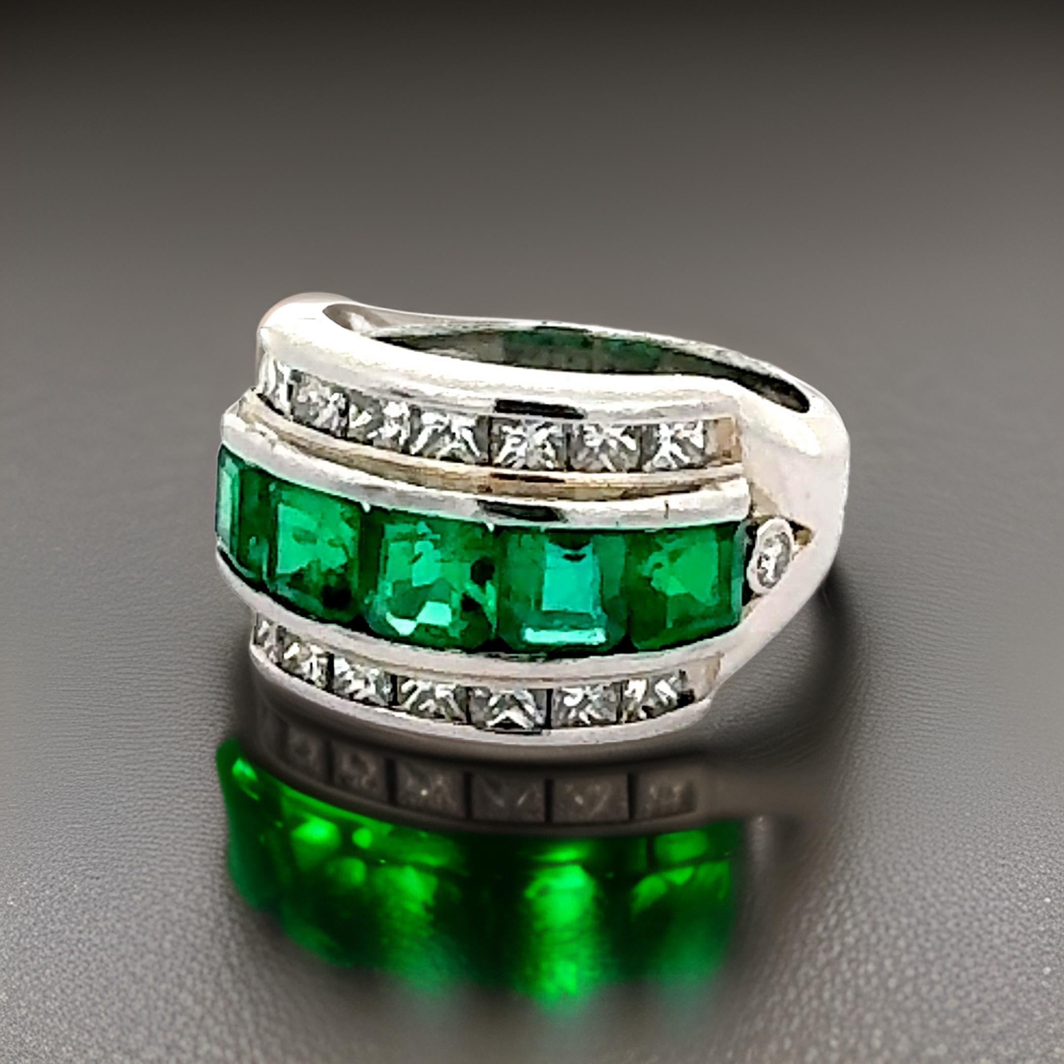 Estate Ring, 5 Square Emerald Cut Emerald 2.10 cttw, 16 Mixed Cut Diamond 1.12 cttw  I-J SI1-SI2, Platinum 12.97g