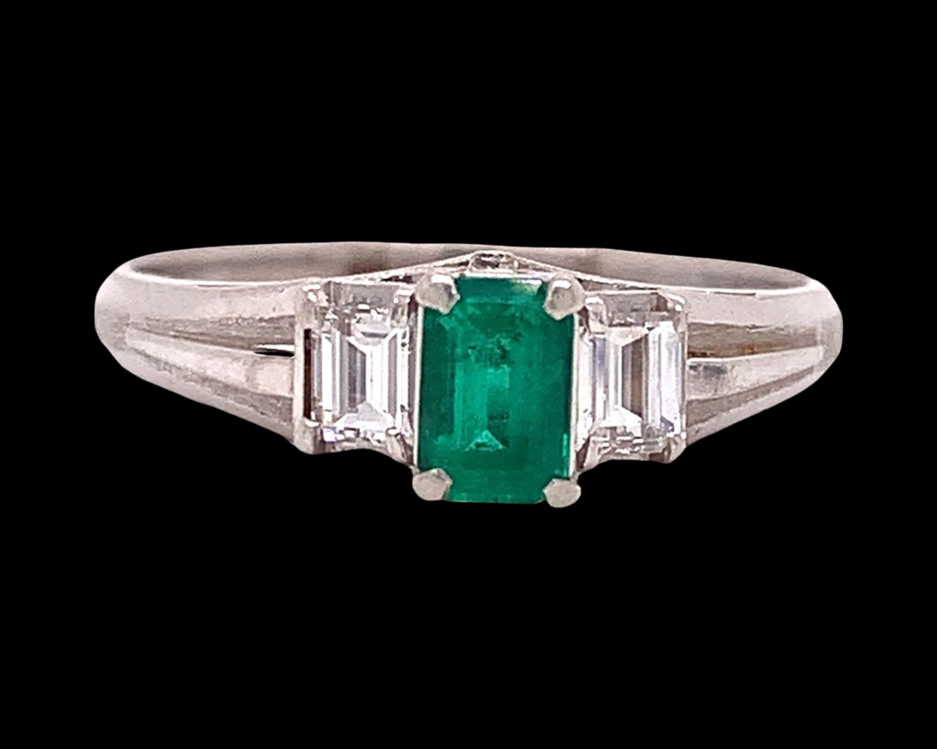 Estate 3 Stone Ring, 1 Emerald Cut Emerald 0.37 ct, 2 Emerald Cut Diamond 0.30 cttw G-H VS-SI1, Platinum 4.60g