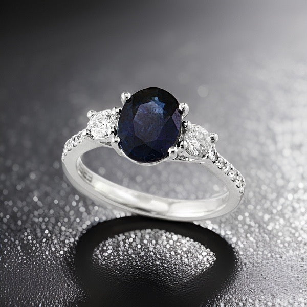 E.H. Collection Ring, 1 Oval Sapphire 1.90 ct, Round Diamond 0.43 cttw H-I SI2-I1, 14K White Gold