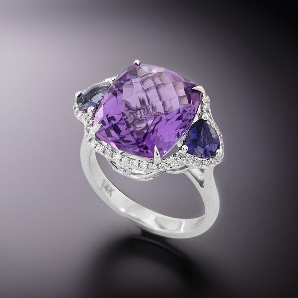 E.H. Collection Ring, Diamond 0.20ct H-I SI2-I1, Amethyst/Iolite 9.90ct, 14K White Gold