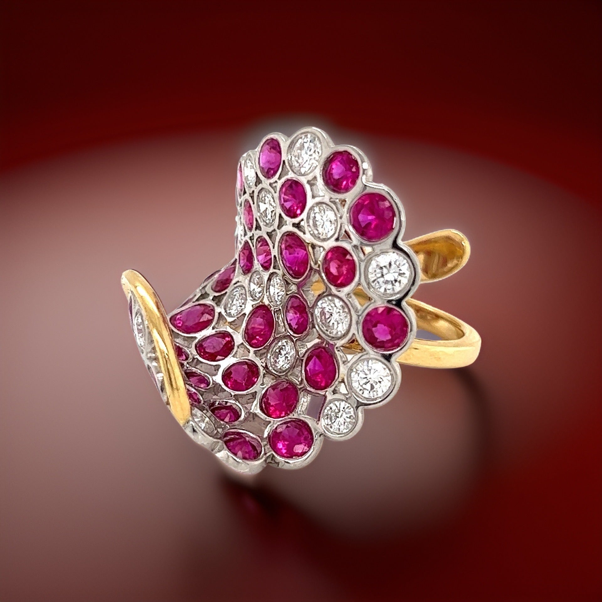 Estate Ring, Round Diamond 1.59 cttw G-H-F VS1, Round Ruby 7.02 cttw, 18K White/Yellow Gold 