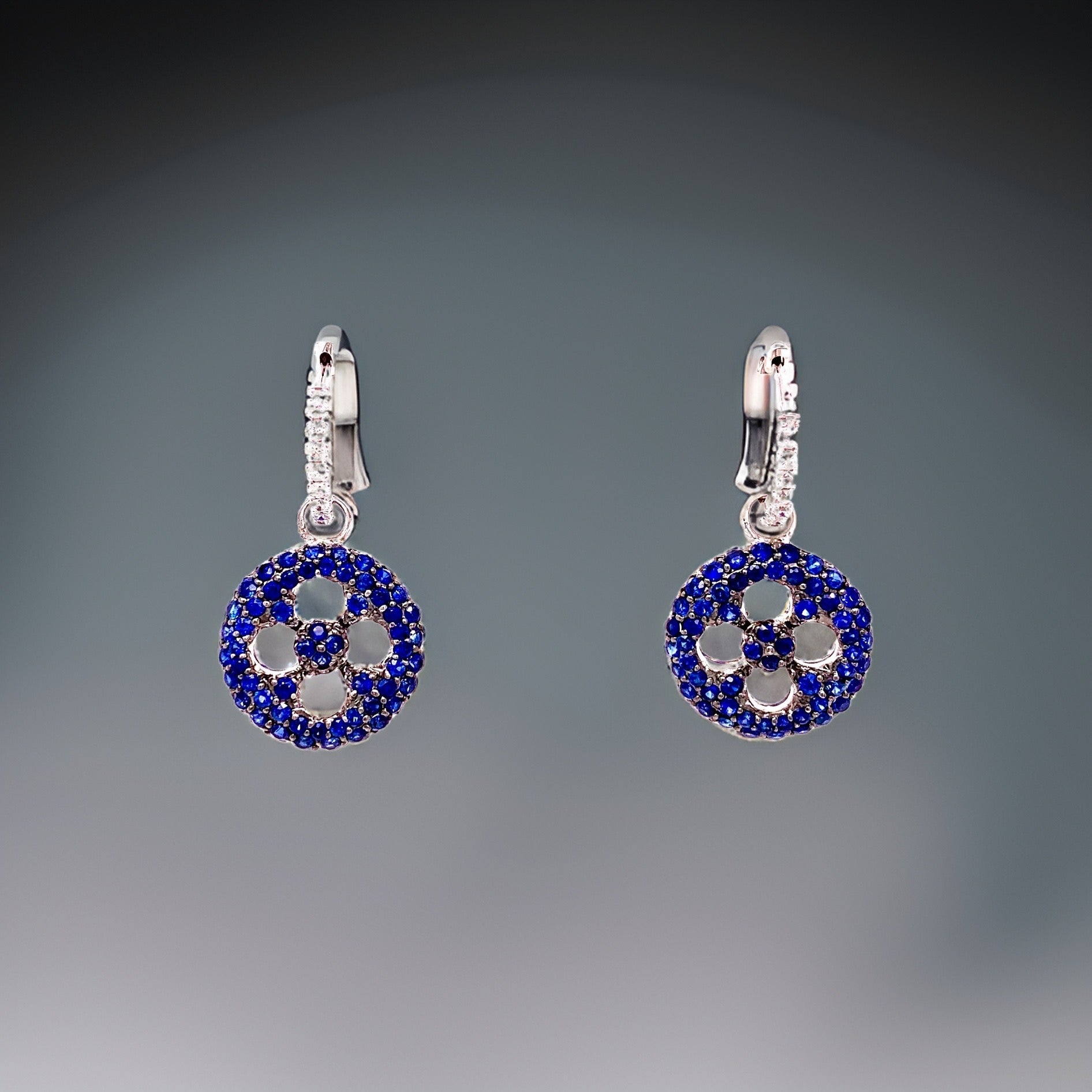 Clyde Duneier Dangle Earrings, Round Diamond 0.16 cttw, Round Sapphire 1.75cttw, 14K White Gold 4.88g