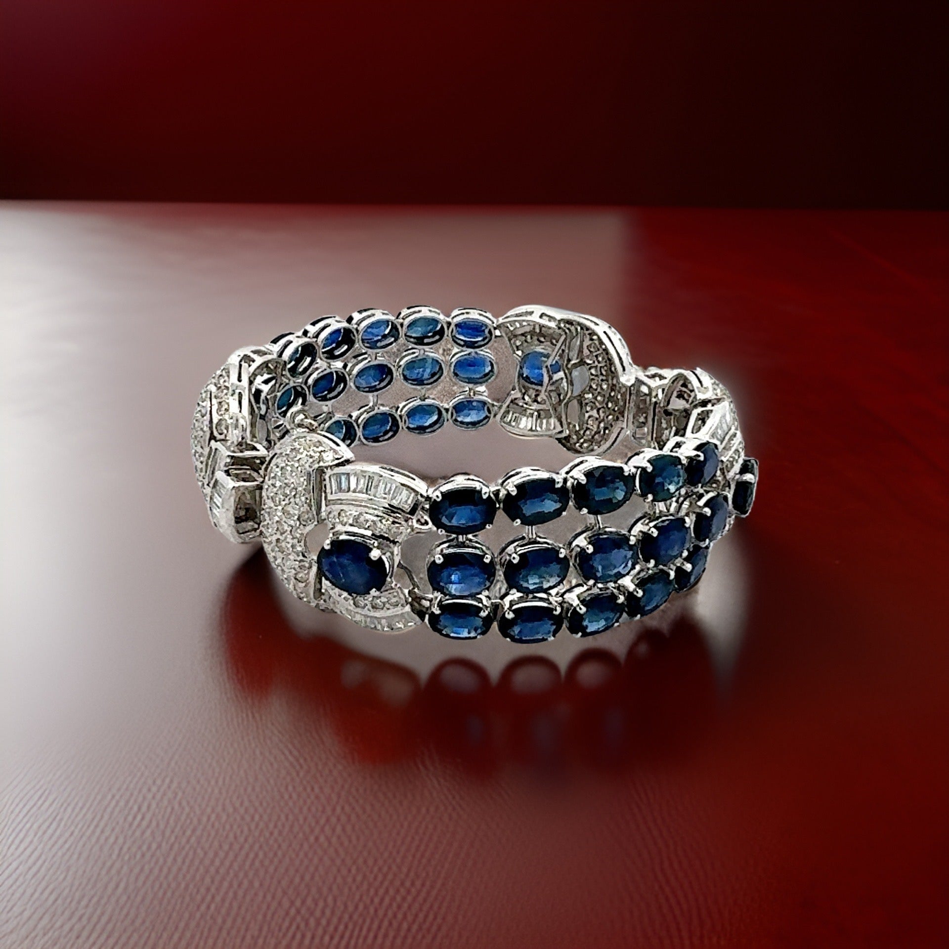 Estate Bracelet, Mixed Cut Diamond 8.97ct  H-I SI2-I1, 34 Oval Sapphire 34.40ct, 18K White Gold 56.43g