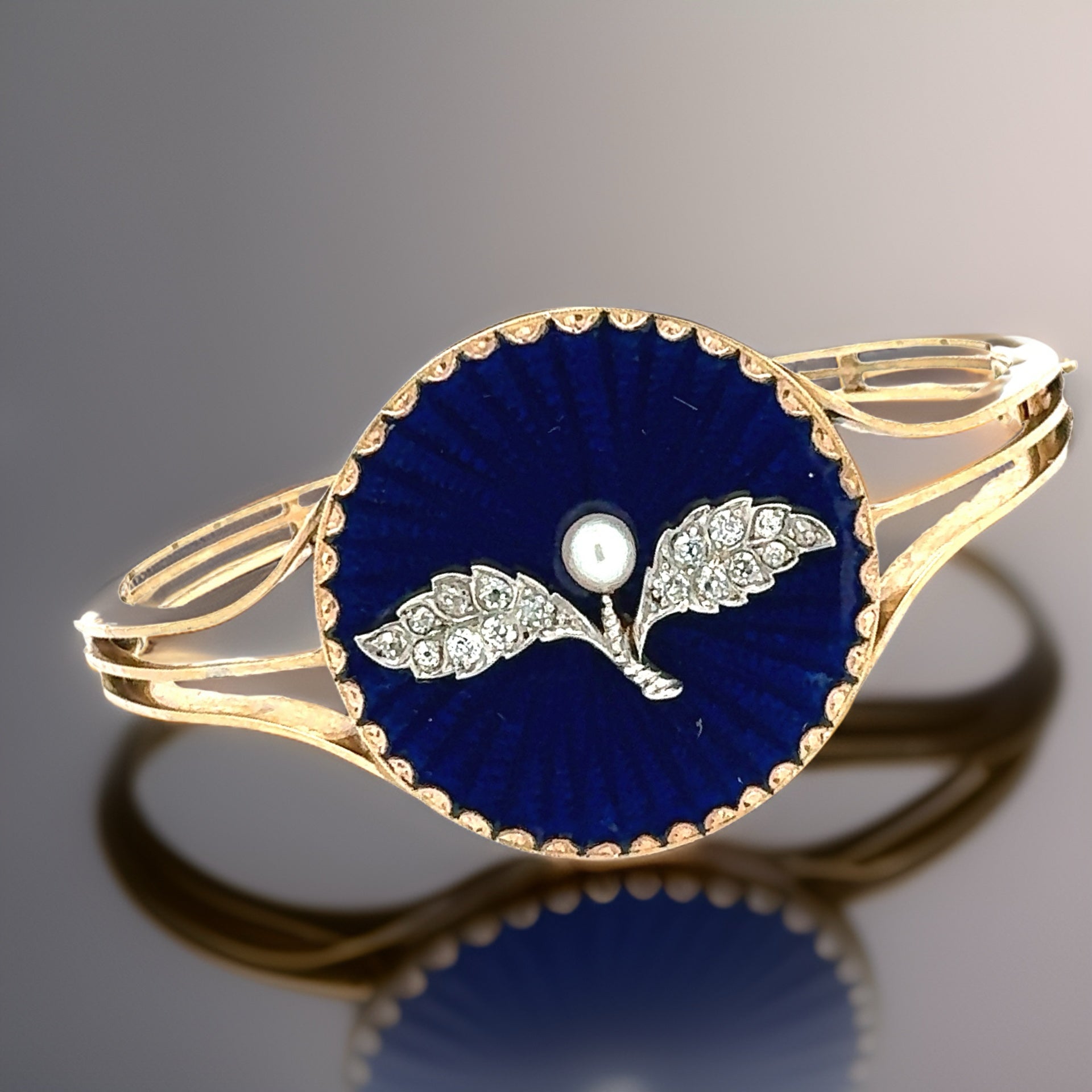 Estate  Bangle, 16 Old Mine Cut Diamond 0.40 cttw H-I SI1-SI2 (weights estimated), 1 Round Natural Pearl 3.92mm, Blue Enamel, 14K Yellow Gold 30.00g