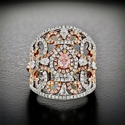 Estate Gregg Ruth Ring, 1 Pear Shape Diamond 0.38 ct Fancy Light Pink SI1 GIA #2156414331, Round Diamond 0.84 cttw Pink SI1, Mixed Cut Diamond 1.54 cttw G-H VS2-SI1, 18K White/Rose Gold 11.50g