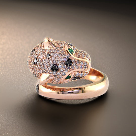 E.H. Collection Ring, Round Diamond 1.33 cttw White-Black, 2 Round Emerald 0.06 cttw, 14K Rose Gold 