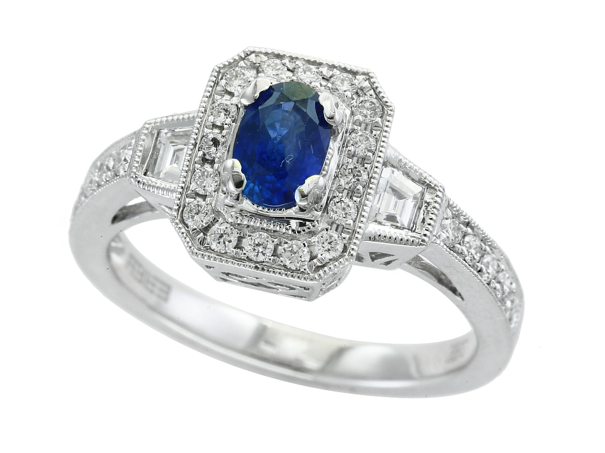 E.H. Collection Ring, Mixed Diamond 0.34 cttw, 1 Oval Sapphire 0.57 ct, 18K White Gold