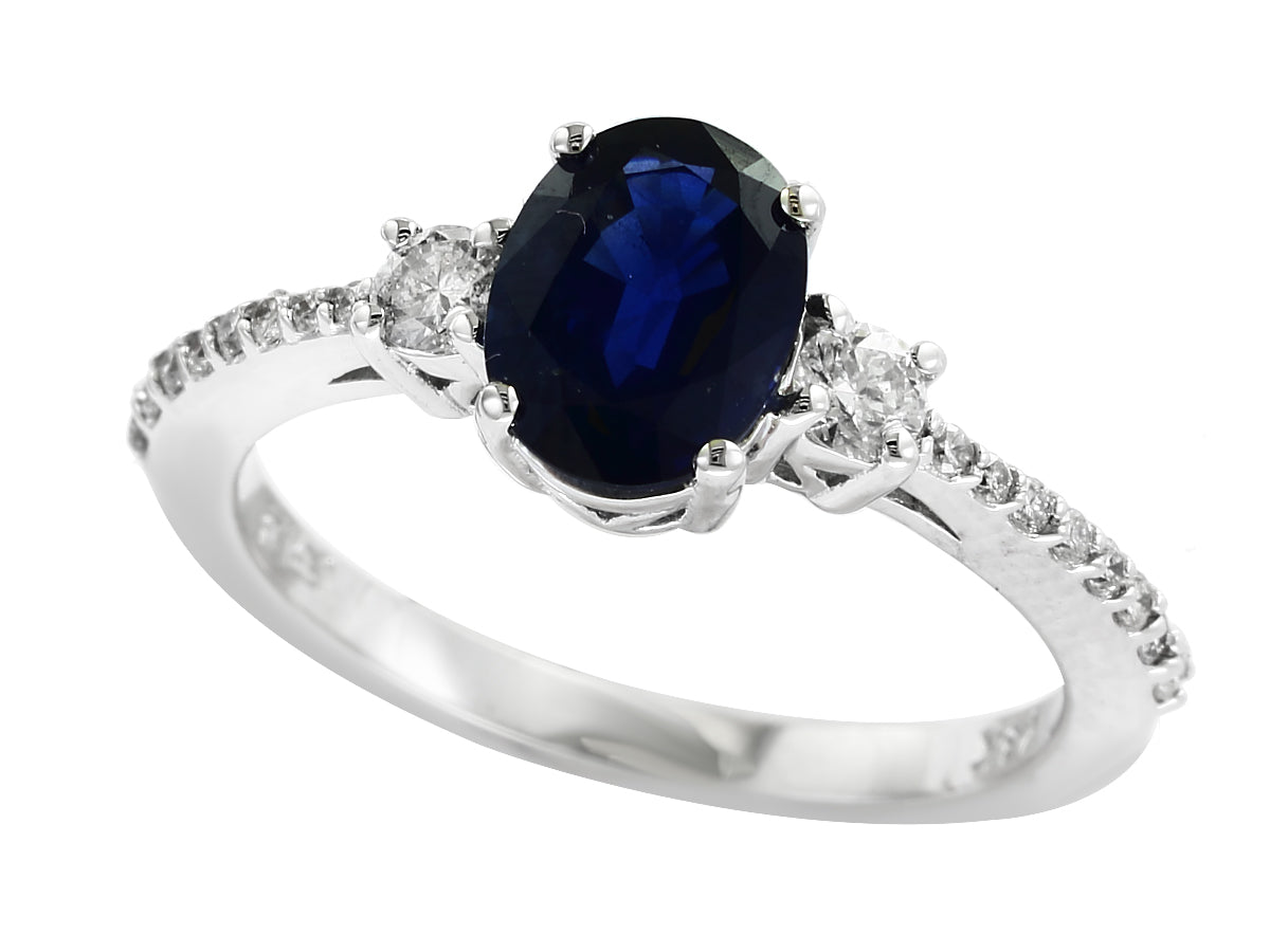 E.H. Collection Ring, Round Diamond 0.29 cttw, 1 Oval Sapphire 1.42 ct, 14K White Gold