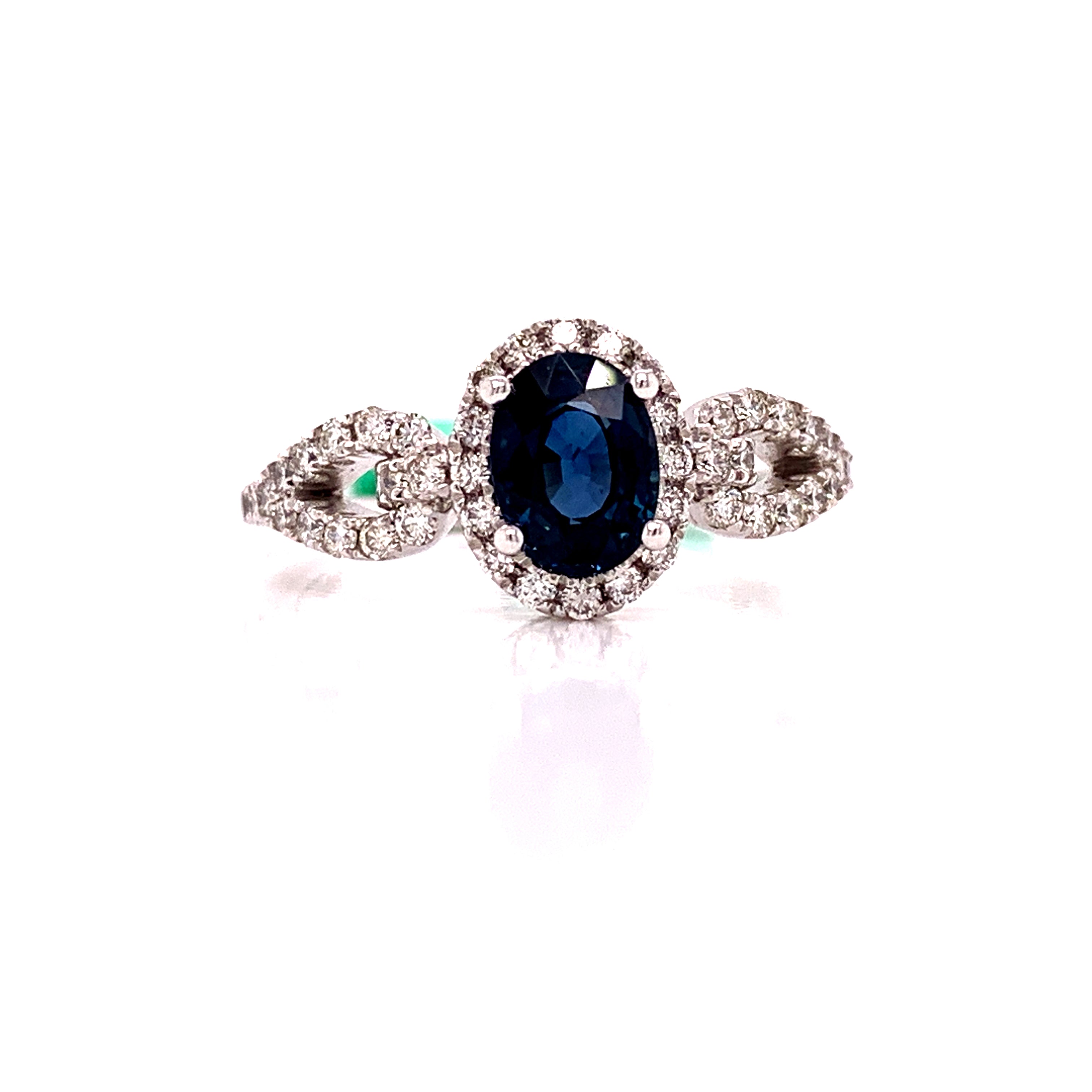 HMA Halo Ring, 1 Oval Sapphire 1.13 ct, Round Diamond 0.50 cttw, 14K White Gold 2.70g