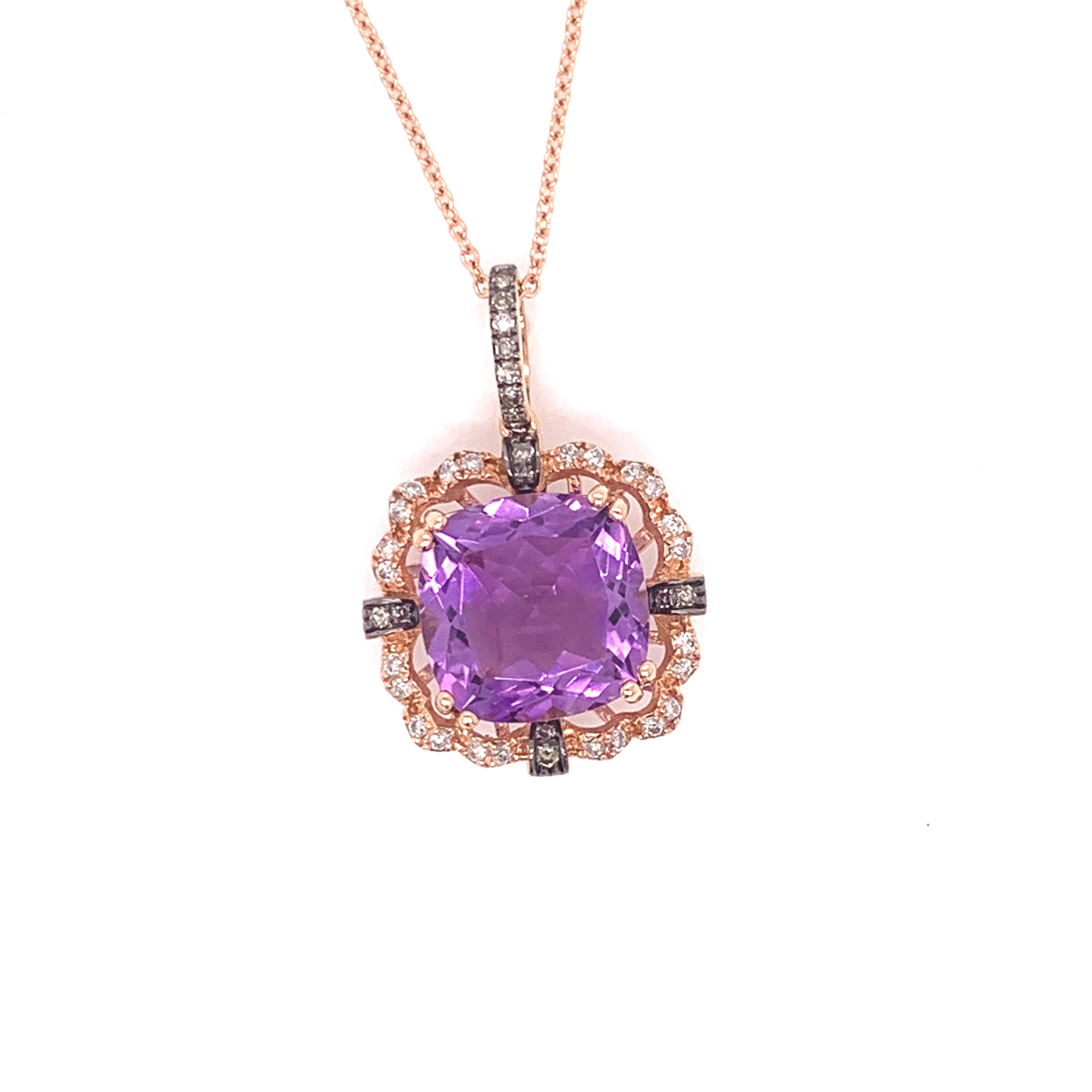 E.H. Collection Pendant w/ Chain, 1 Amethyst 5.75 ct, Round Diamond 0.32 cttw, 14K Rose Gold