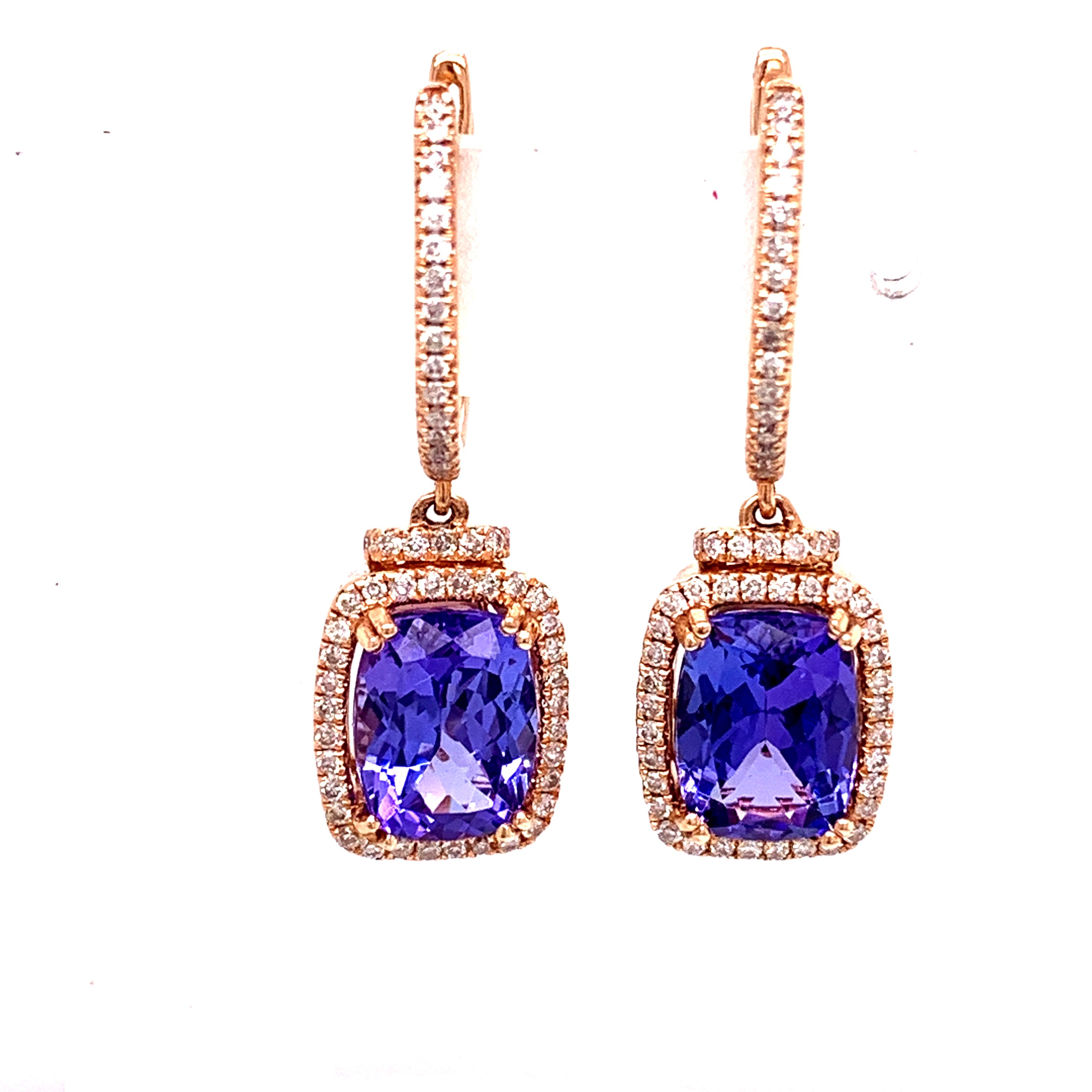 E.H. Collection Dangle Earrings, 2 Tanzanite 2.38 cttw, Round Diamond 0.34 cttw, 14K Rose Gold