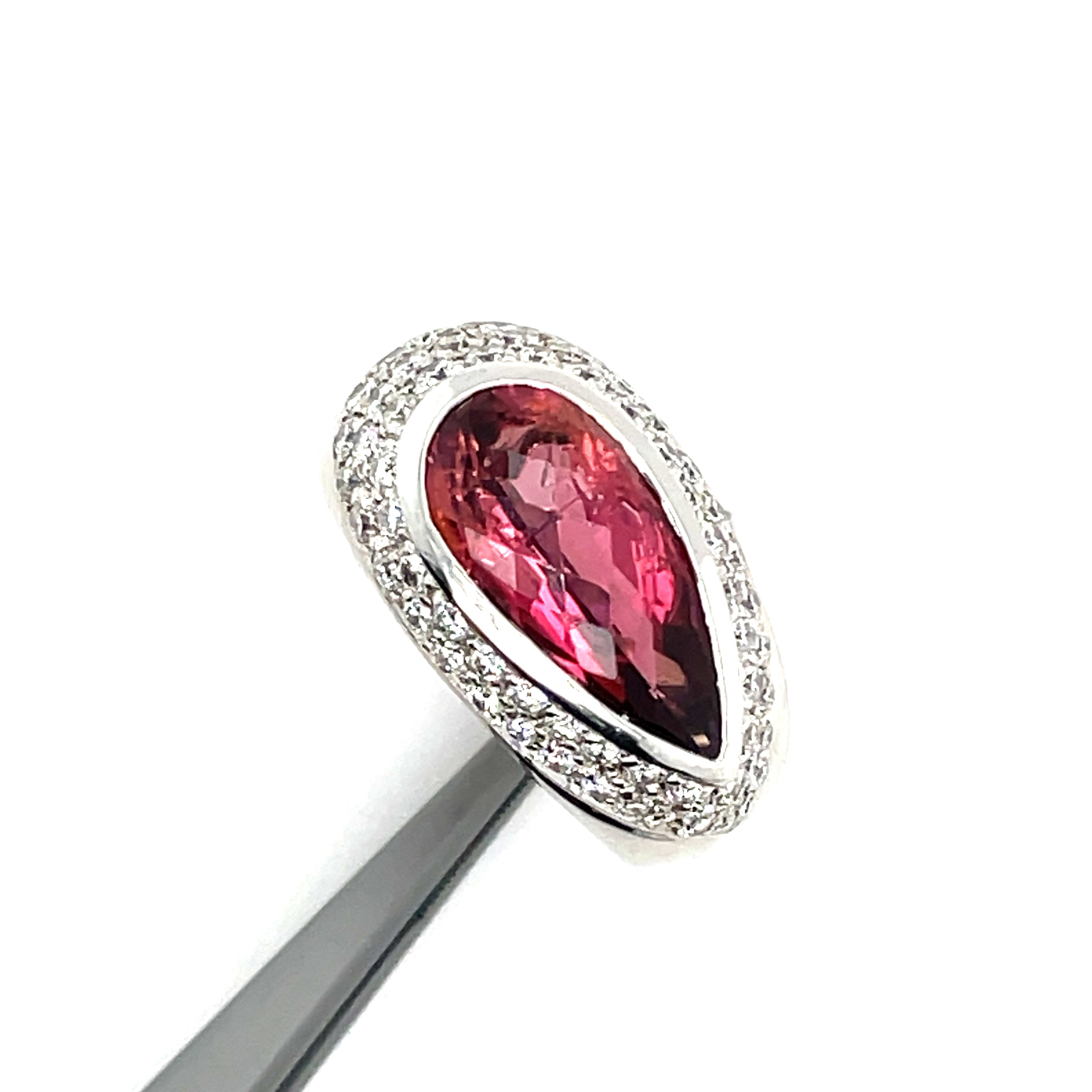 Estate Ring, 61 Round DIAMOND 1.00ct  H  ISI1, 1 Tourmaline Pear 2.60ct  Pink 18K W 11.05g