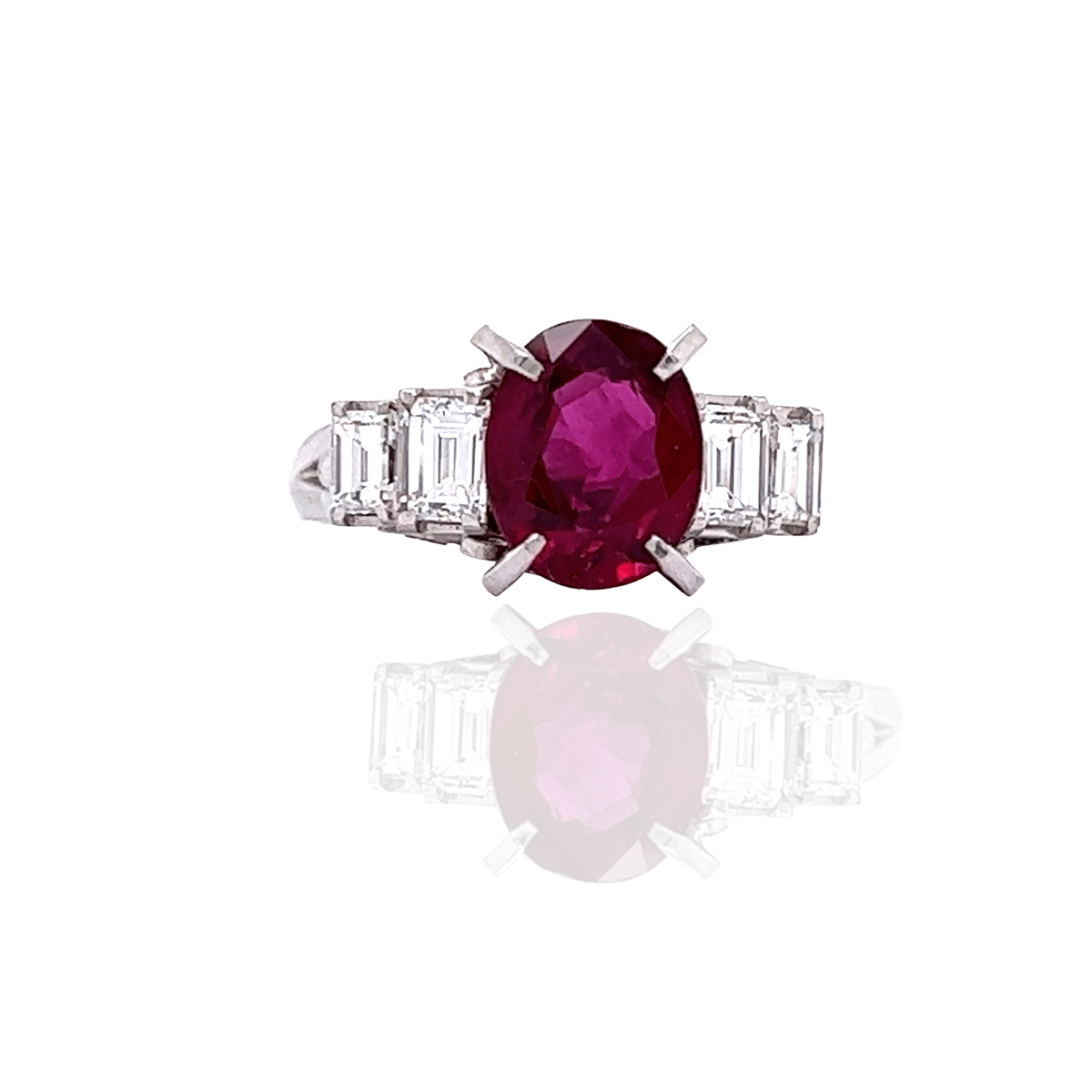 Estate Ring, 1 Oval Ruby 1.74 ct, 4 Baguette Diamond 0.70 cttw G-H VS1, Platinum 5.39g