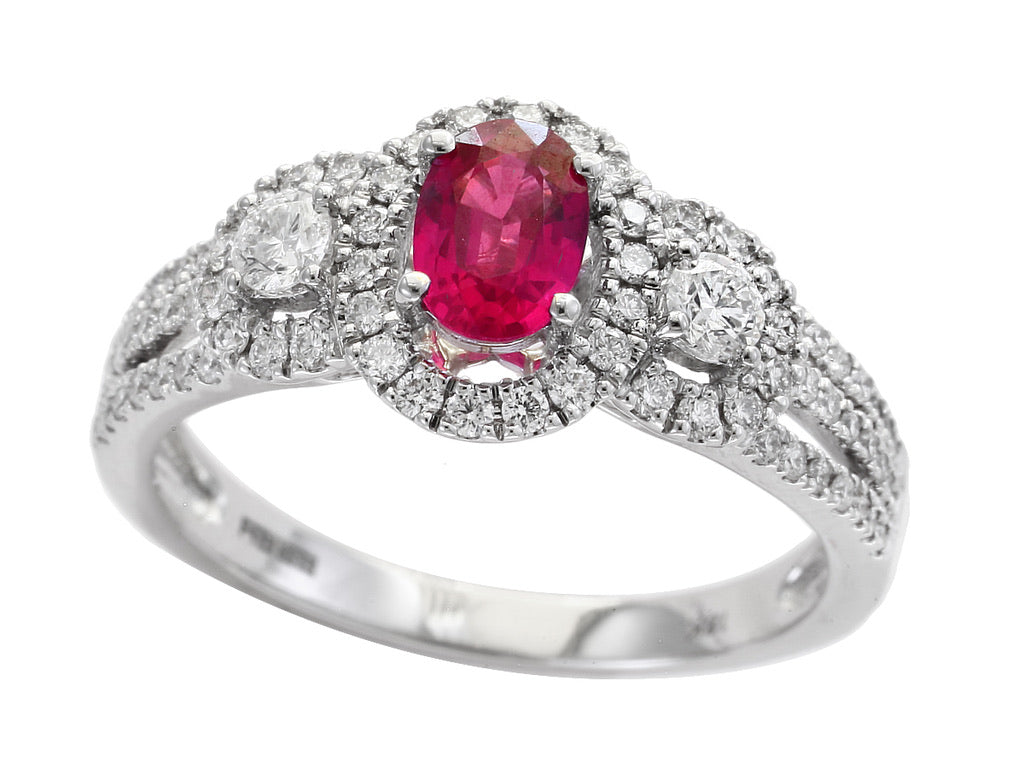 E.H. Collection Ring, 1 Oval Ruby 0.57 ct, Diamond 0.56 cttw H-I SI2-I1, 18K White Gold