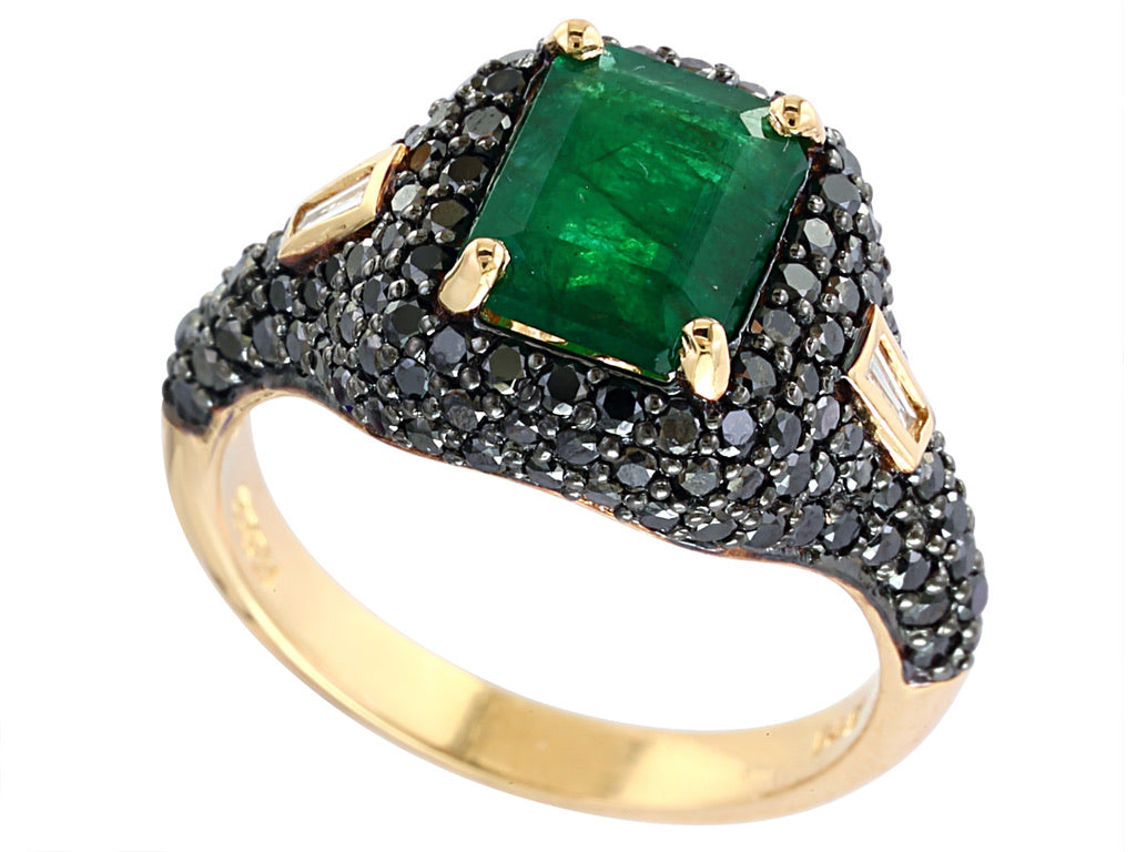 E.H. Collection Ring, Diamond 1.22ct BLK-H-I SI2-I1, Emerald 2.19ct, 14K Yellow Gold