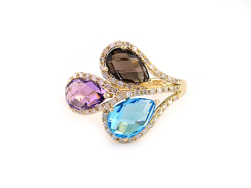 E.H. Collection Ring, Round Diamond 0.23 cttw H-I SI2-I1, Amethyst/Blue Topaz/Smoky Quartz 2.95 cttw, 14K Yellow Gold